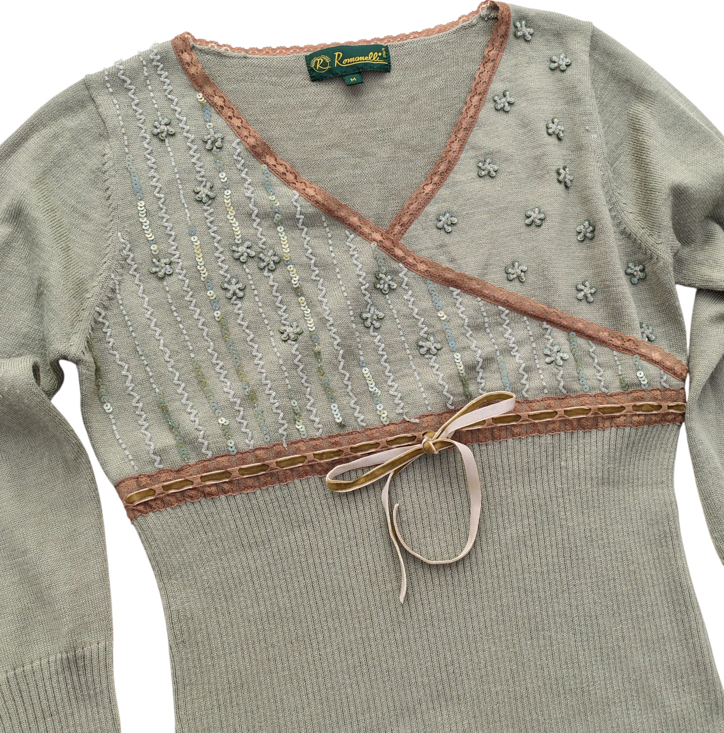 Vintage Y2K Fairycore Sweater – Green Knit Floral Embroidered Top – Romantic Cottagecore – Size S/M