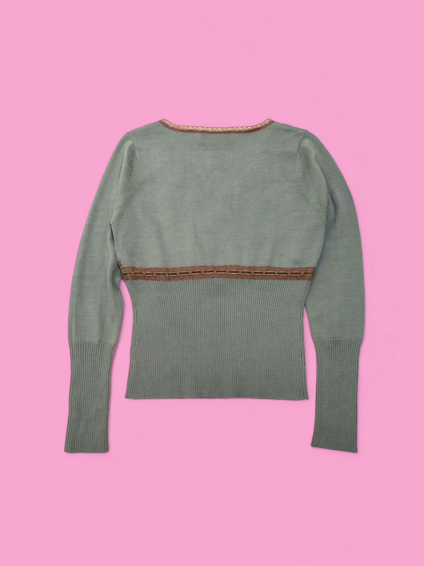 Vintage Y2K Fairycore Sweater – Green Knit Floral Embroidered Top – Romantic Cottagecore – Size S/M