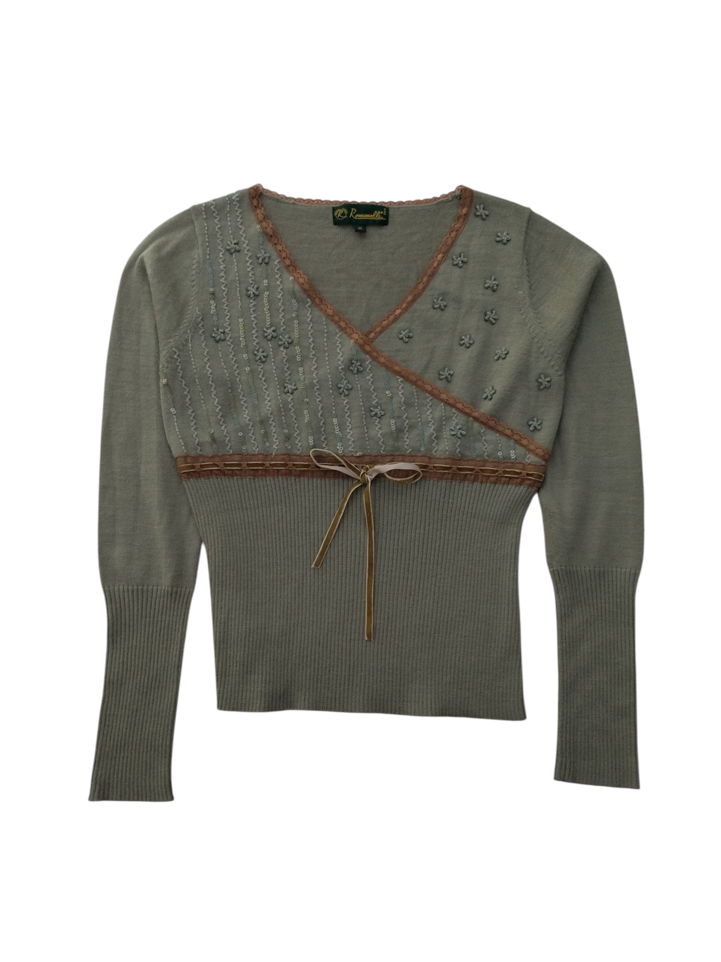 Vintage Y2K Fairycore Sweater – Green Knit Floral Embroidered Top – Romantic Cottagecore – Size S/M